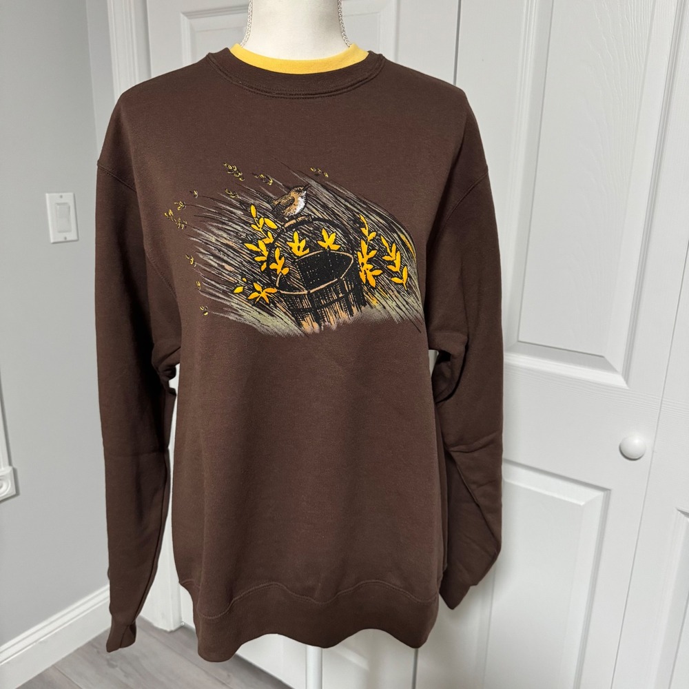 Vintage Country Store Brown Bird Graphic Sweatshirt Yellow Layered Neck Medium